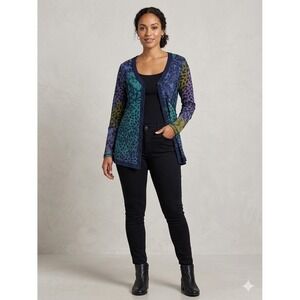 Winter Sun Art to Wear Open Cardigan Medium Funky Print Leaves Medium
